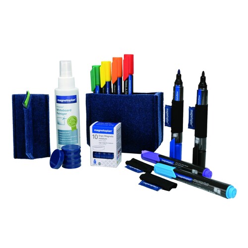 Whiteboard Essentials Kit Tafelwischer blau + Spray + Stifte  Magnetoplan + Magnete 1230914 (SET=25 STÜCK) Produktbild Front View L