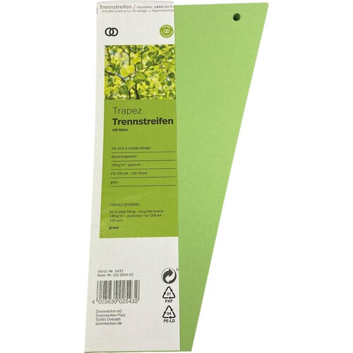 Soennecken Trennstreifen oeco 1433 Trapez 12,5/6,5x24cm grün (PACK=100 STÜCK) Produktbild Front View L