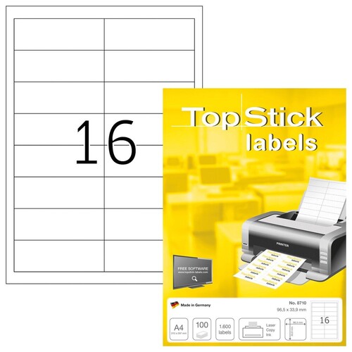 Etiketten Inkjet+Laser+Kop. 96,5x33,9mm auf A4 Bögen weiß BestStandard (PACK=1600 STÜCK) Produktbild Front View L