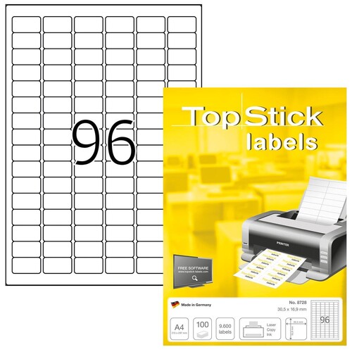 Etiketten Inkjet+Laser+Kop. 30,5x16,9mm auf A4 Bögen weiß BestStandard (PACK=9600 STÜCK) Produktbild Front View L