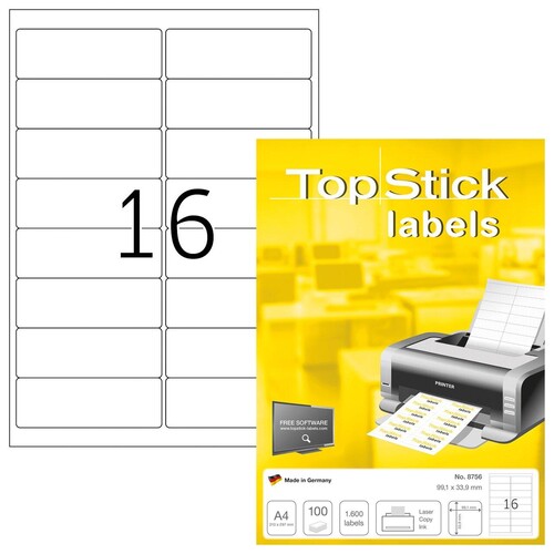 Etiketten Inkjet+Laser+Kop. 99,1x33,9mm auf A4 Bögen weiß BestStandard (PACK=1600 STÜCK) Produktbild Front View L