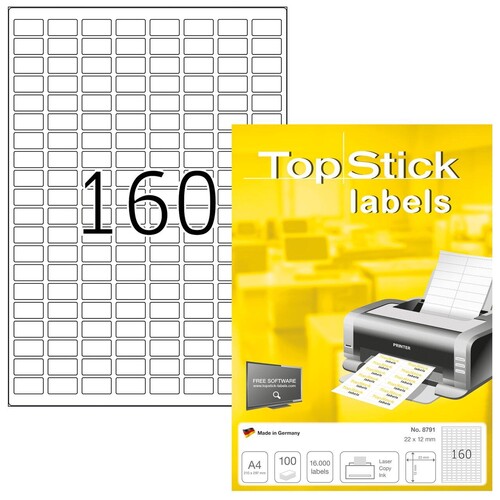 Etiketten Inkjet+Laser+Kopier 22x12mm auf A4 Bögen weiß BestStandard (PACK=16000 STÜCK) Produktbild Front View L