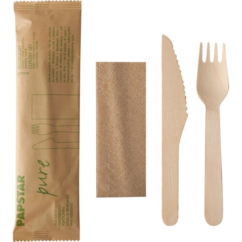Holz Besteckset pure 3-teilig / (Gabel, Messer, Serviette) in geschlossener Papierhülle (PACK=50 STÜCK) Produktbild