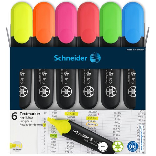 Textmarker Job 1+5mm Keilspitze Karton Etui sortiert Schneider 115096 (ETUI=6 STÜCK) Produktbild Additional View 1 L