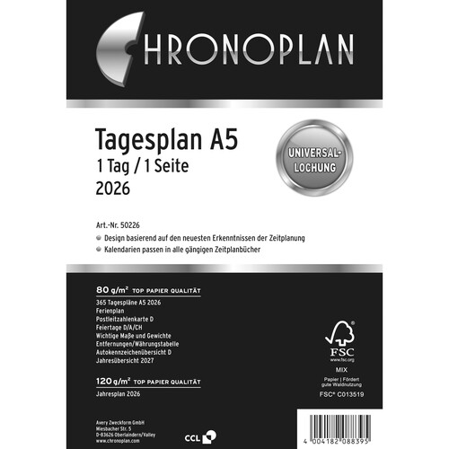 Tagesplan 2026 für Organizer A5 148x210mm 1Tag/1Seite Chronoplan 50226 Produktbild