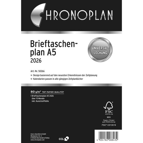 Brieftaschenplaner 2026 für Organizer A5 148x210mm 15Monate Chronoplan 50266 1Monat/1Seite Produktbild