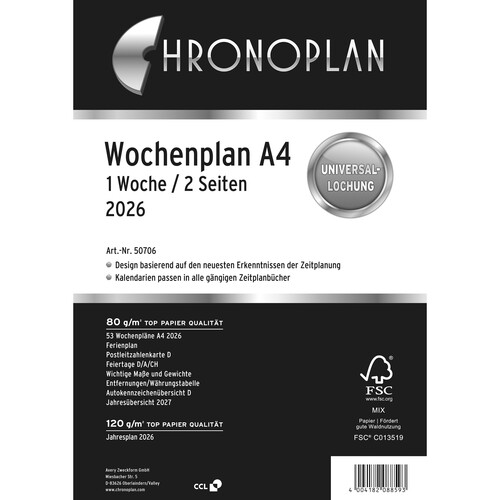 Wochenplan 2026 für Organizer A4 1Woche/2Seiten horizontal Chronoplan 210x297mm 50706 Produktbild