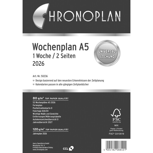 Wochenplan 2026 für Organizer A5 1Woche/2Seiten Chronoplan horizontale Spalten 148x210mm  50236 Produktbild Front View L