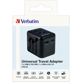 Reiseadapter Universal Travel UTA-02 schwarz 100-250V Verbatim 49544 1x USB Typ-A QC, 1x USB Typ-C PD Produktbild