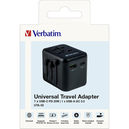 Reiseadapter Universal Travel UTA-02 schwarz 100-250V Verbatim 49544 1x USB Typ-A QC, 1x USB Typ-C PD Produktbild Front View L