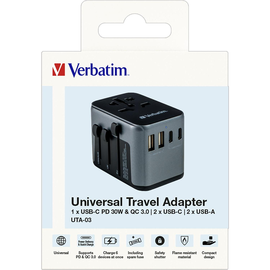 Reiseadapter Universal Travel UTA-03 schwarz 100-250V Verbatim 49545 2x USB Typ-A, 3x USB Typ-C, PD/QC Produktbild
