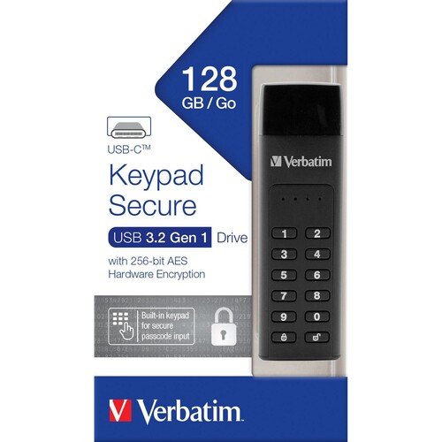USB 3.2 Stick 128GB Secure Keypad AES- 256-Bit schwarz Verbatim 49432 Typ-C, (R) 160MB/s, (W) 150MB/s Produktbild Front View L