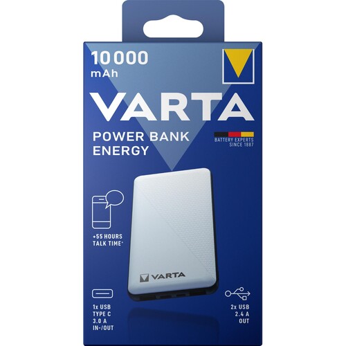 Akku Powerbank Energy 5V/10.000mAh weiss 2xUSB-A/Micro-B/-C VARTA 57976101111 + Micro-USB-Kabel Produktbild Front View L