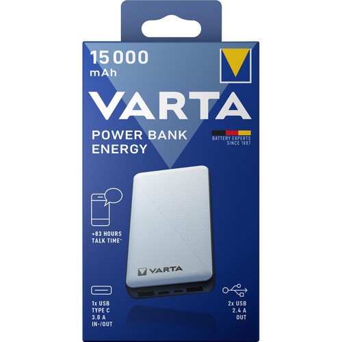 Akku Powerbank Energy 5V/15.000mAh weiss 2xUSB-A/Micro-B/-C VARTA 57977101111 + Micro-USB-Kabel Produktbild Front View L