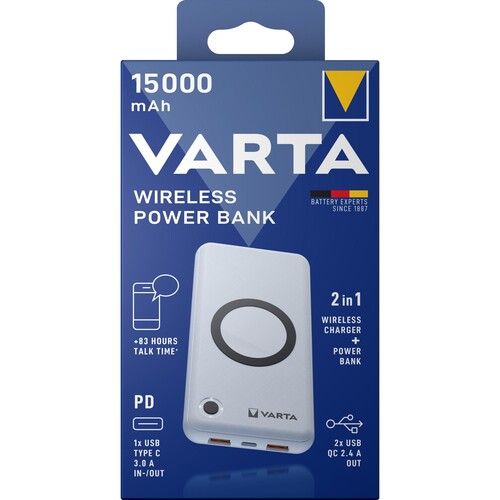 Akku Powerbank Wireless 3,7V/15.000mAh weiss Power Delivery VARTA 57908101111 2xUSB-A/1xUSB-C, QC 3.0 Produktbild Front View L