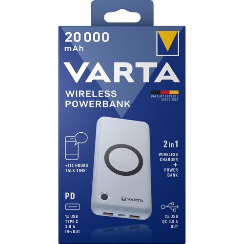 Akku Powerbank Wireless 3,7V/20.000mAh weiss Power Delivery VARTA 57909101111 2xUSB-A/1xUSB-C, QC 3.0 Produktbild Front View L