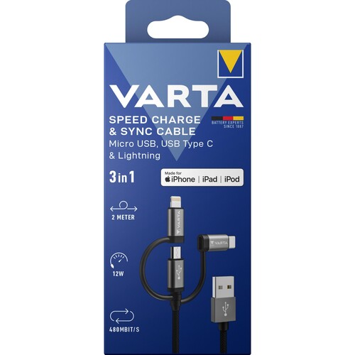 Ladekabel USB-A/Micro/C/Lightning 3in1 2m 12W 480Mbit/s VARTA 57937101111 schwarz Produktbild Front View L