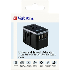 Reiseadapter Universal Travel UTA-04 schwarz 100-250V Verbatim 49546 3x USB Typ-A, 2x USB Typ-C, PD/QC Produktbild