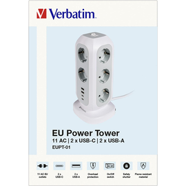 Steckdosen Tower EUPT-01 weiß 2m Kabel Verbatim 49547 11x 230V EU, 2x USB Typ-A, 2x USB Typ-C Produktbild