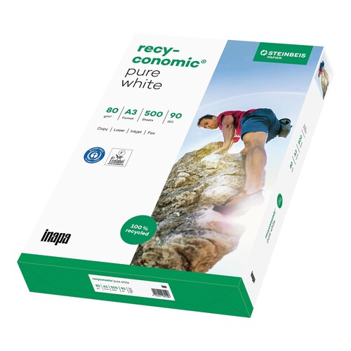 Kopierpapier Pure White A3 80g 90er Weiße Recyconomic PCF 110CIE Blauer Engel EU-Ecolabel (PACK=500 BLATT) Produktbild Front View L