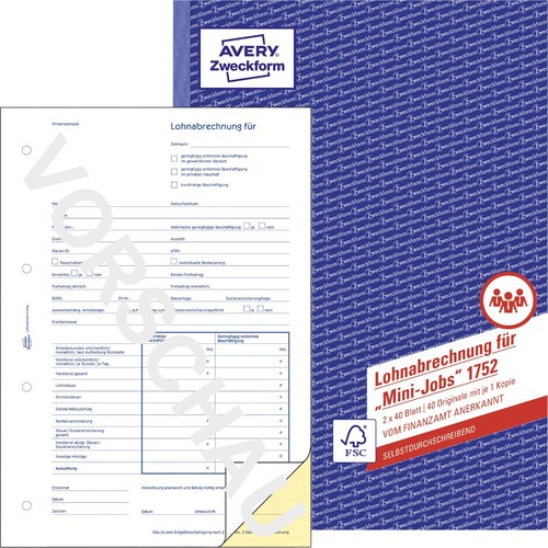Lohnabrechnung für MiniJobs A4 2x40Blatt selbstdurchschreibend Zweckform 1752 Produktbild