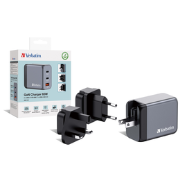 GaN-Ladegerät GNC-65 65W 3 Anschlüsse grau 100-240V Verbatim 32201 1x USB-A QC, 2x USB-C PD Produktbild