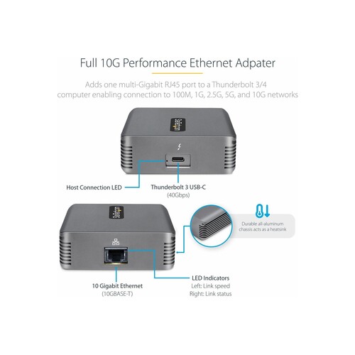 StarTech.com Thunderbolt 3 to Ethernet Adapter, 10GbE, Multi-Gigabit, Thunderbolt 3 to RJ45 Network Produktbild Additional View 1 L