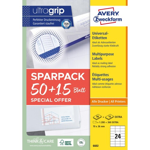 Etiketten Inkjet+Laser+Kopier 70x36mm auf A4 Bögen Sparpack 50+15 Bögen weiß Zweckform 6602 (PACK=1560 STÜCK) Produktbild Additional View 1 L