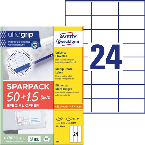 Etiketten Inkjet+Laser+Kopier 70x36mm auf A4 Bögen Sparpack 50+15 Bögen weiß Zweckform 6602 (PACK=1560 STÜCK) Produktbild