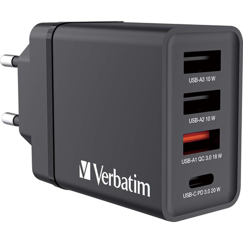 Ladeadapter CHR-30EU1 30W GaN schwarz (Euro-Stecker) Verbatim 49700 2x USB-A, 1x USB-A QC, 1x USB-C PD Produktbild