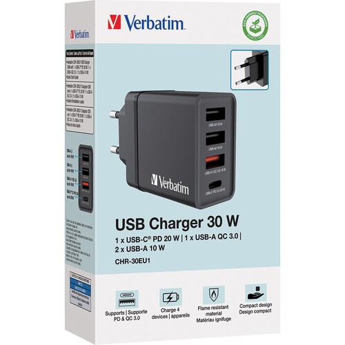 Ladeadapter CHR-30EU1 30W GaN schwarz (Euro-Stecker) Verbatim 49700 2x USB-A, 1x USB-A QC, 1x USB-C PD Produktbild Additional View 1 L