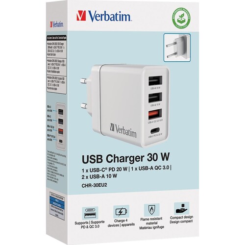 Ladeadapter CHR-30EU2 30W GaN weiß (Euro-Stecker) Verbatim 49701 2x USB-A, 1x USB-A QC, 1x USB-C PD Produktbild Additional View 1 L