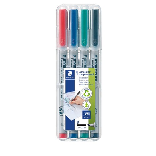 Folienstifte Lumocolor 312 B Etui 1-2,5mm breit sortiert wasserlöslich Staedtler 312WP4 (ETUI=4 STÜCK) Produktbild Additional View 1 L