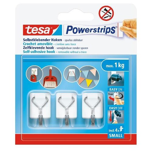 Powerstrips mit Metallhaken ablösbar bis 1kg Haftkraft weiß Tesa 57615-00003 (PACK=3 STÜCK) Produktbild Front View L