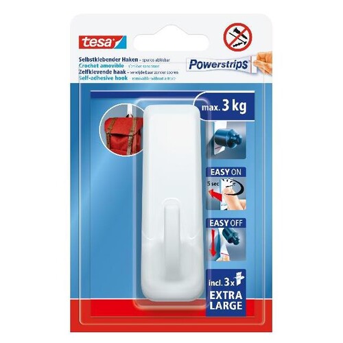 Powerstrips Haken XL Rechteck bis 3kg Haftkraft weiß Tesa 59029-00000 (PACK=3 STÜCK) Produktbild Front View L