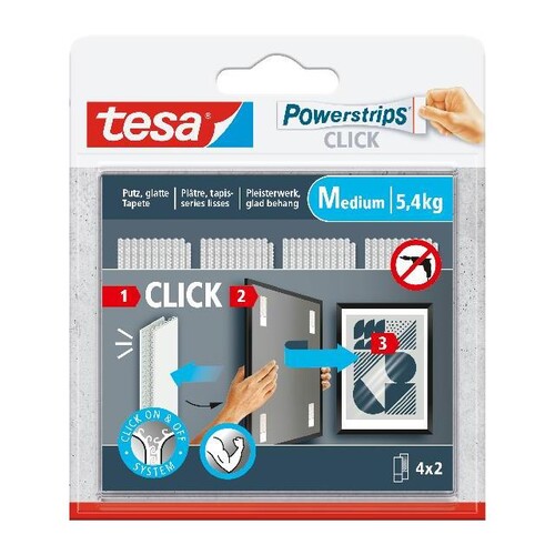 Powerstrips CLICK Klettbandstreifen medium weiß Haftkraft bis 5,4kg Tesa 8x2cm 77721-00000 (PACK=4x2 STÜCK) Produktbild Front View L