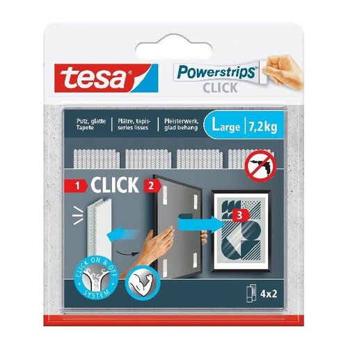 Powerstrips CLICK Klettbandstreifen large weiß Haftkraft bis 7,2kg Tesa 8,5x2cm 77722-00000 (PACK=4x2 STÜCK) Produktbild Front View L