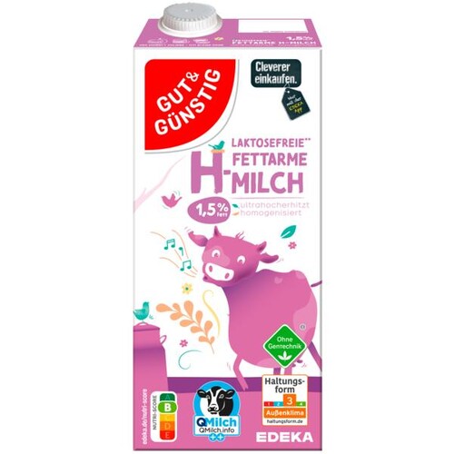 H-Milch G&G laktosefrei 1,5% Fett 1L (ST=1 LITER) Produktbild Front View L