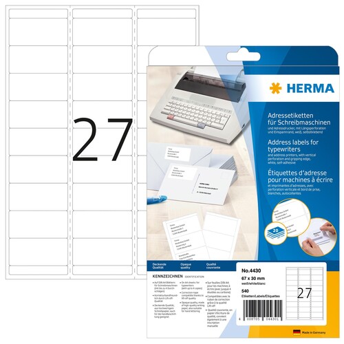 Adress-Etiketten für Handbeschriftung 67x30mm auf A4 Bögen weiß Herma 4430 (PACK=540 STÜCK) Produktbild