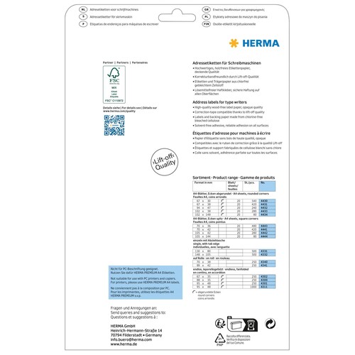 Adress-Etiketten für Handbeschriftung 67x30mm auf A4 Bögen weiß Herma 4430 (PACK=540 STÜCK) Produktbild Additional View 1 L