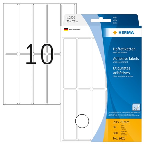 Vielzweck-Etiketten für Handbeschriftung 20x75mm weiß Herma 2420 (PACK=320 STÜCK) Produktbild