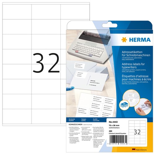 Adress-Etiketten für Handbeschriftung 70x36mm auf A4 Bögen weiß Herma 4443 (PACK=480 STÜCK) Produktbild Front View L