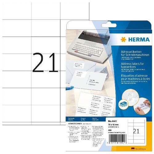 Adress-Etiketten für Handbeschriftung 70x42mm auf A4 Bögen weiß Herma 4441 (PACK=420 STÜCK) Produktbild Additional View 1 L