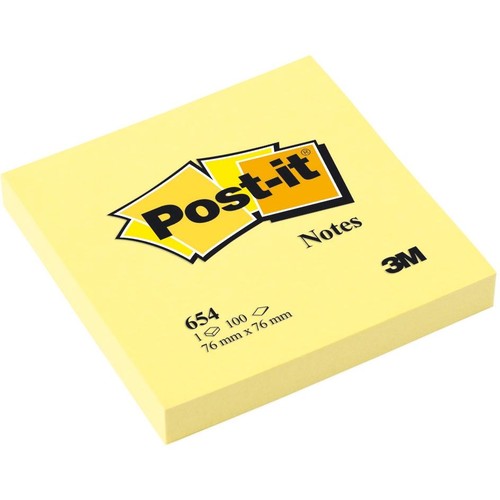 Haftnotizen Post-it Notes Einzelblock 76x76mm gelb Papier 3M 654 (ST=100 BLATT) Produktbild