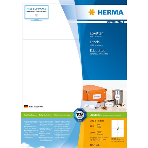 Etiketten PREMIUM Inkjet+Laser+Kopier 105x74mm auf A4 Bögen weiß permanent Herma 4626 (PACK=1600 STÜCK) Produktbild Additional View 1 L