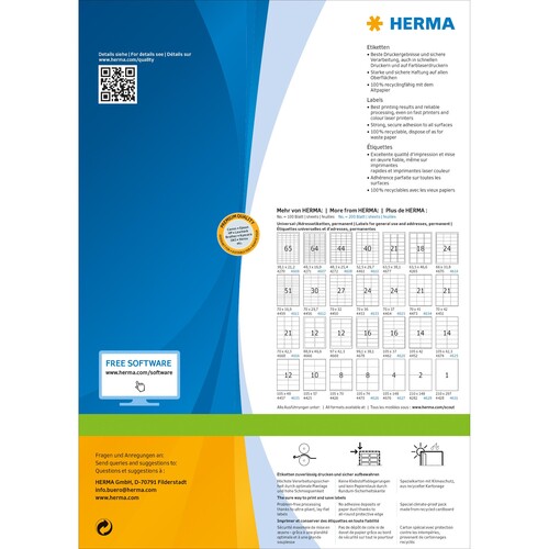 Etiketten PREMIUM Inkjet+Laser+Kopier 105x74mm auf A4 Bögen weiß permanent Herma 4626 (PACK=1600 STÜCK) Produktbild Additional View 2 L