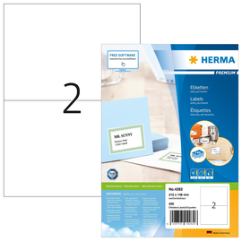 Etiketten PREMIUM Inkjet+Laser+Kopier 210x148mm auf A4 Bögen weiß permanent Herma 4282 (PACK=200 STÜCK) Produktbild