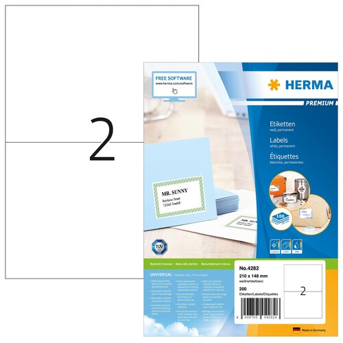 Etiketten PREMIUM Inkjet+Laser+Kopier 210x148mm auf A4 Bögen weiß permanent Herma 4282 (PACK=200 STÜCK) Produktbild