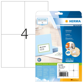 Etiketten PREMIUM Inkjet+Laser+Kopier 105x148,5mm auf A4 Bögen weiß permanent Herma 5063 (PACK=100 STÜCK) Produktbild