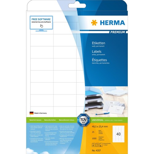 Etiketten PREMIUM Inkjet+Laser+Kopier 48,5x25,4mm auf A4 Bögen weiß permanent Herma 4357 (PACK=1000 STÜCK) Produktbild Additional View 1 L